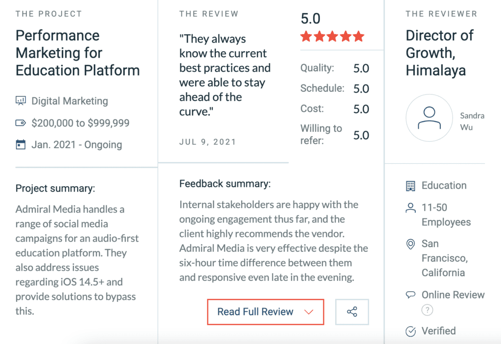 Admiral Media gets 5 Star Review on Clutch