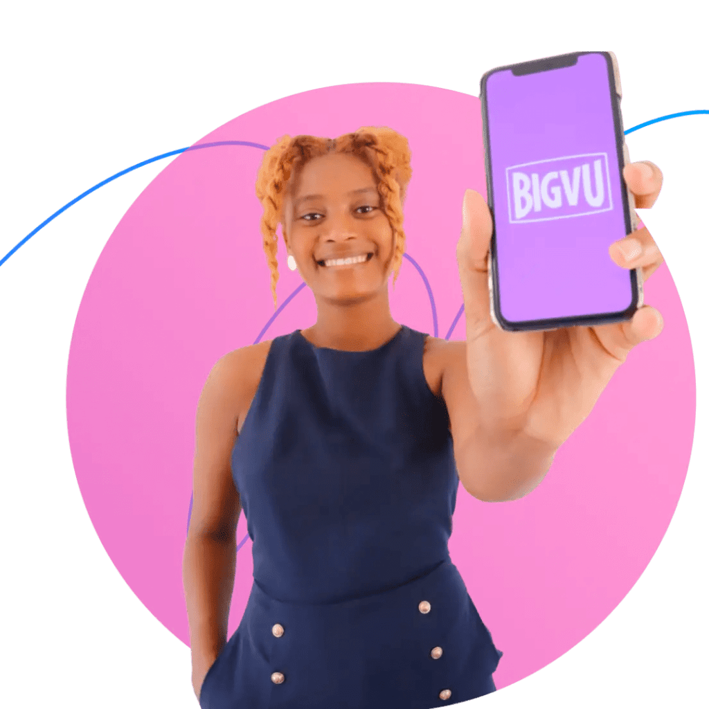 Image of a mobile device displaying the BIGVU app and a TikTok video being created. The user's hand is visible as they hold the device and navigate the app's interface. The TikTok video features a person speaking directly to the camera with captions displayed on screen. The app's branding and logo are visible in the background